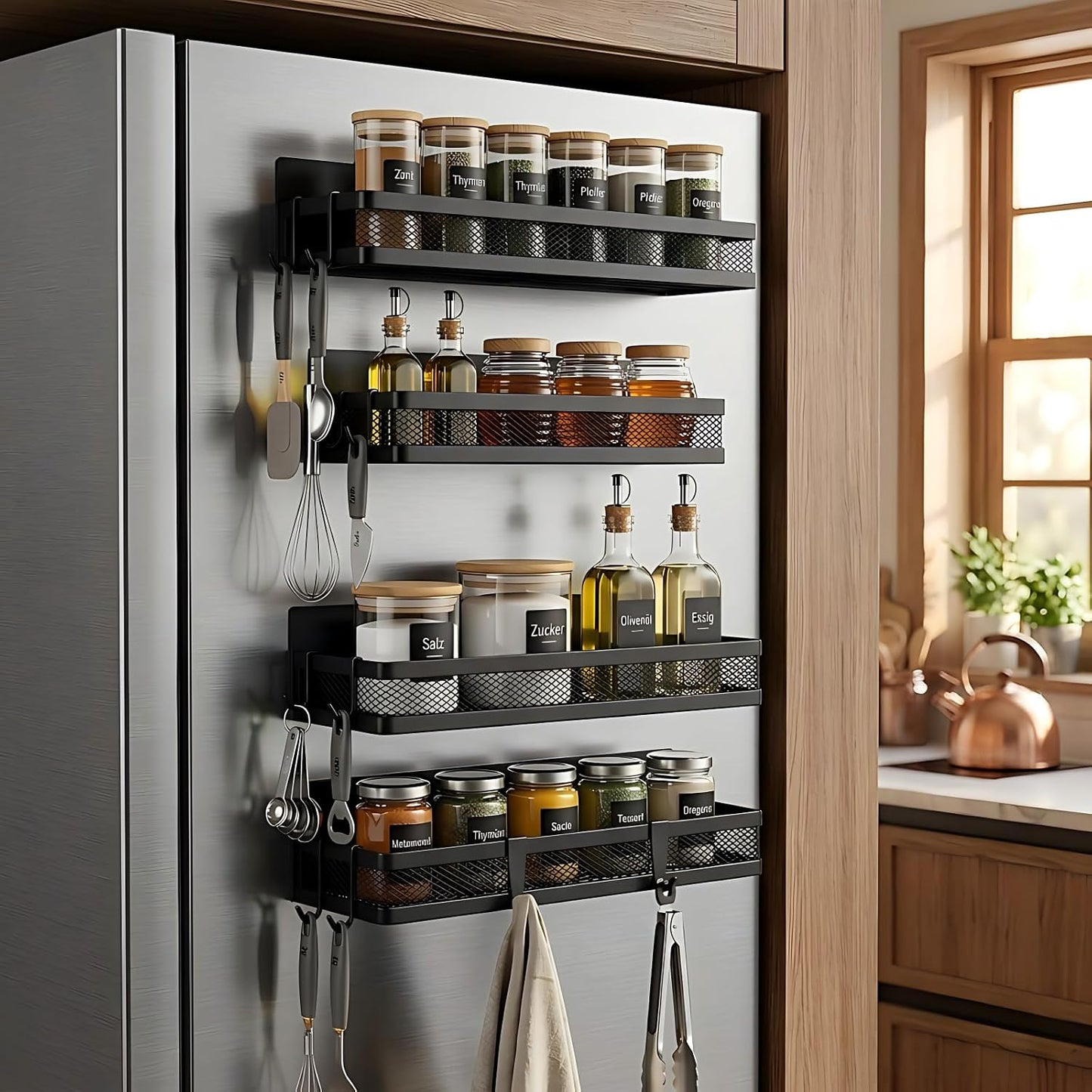 Spice Rack Organiser - 4 Tier Kitchen Wall Mounted Storage Shelves for Spice Jars and Seasoning, Adhesive Hanging Cupboard Door Organizers for Pantry, Black Metal Shelf for Spices & Condiments