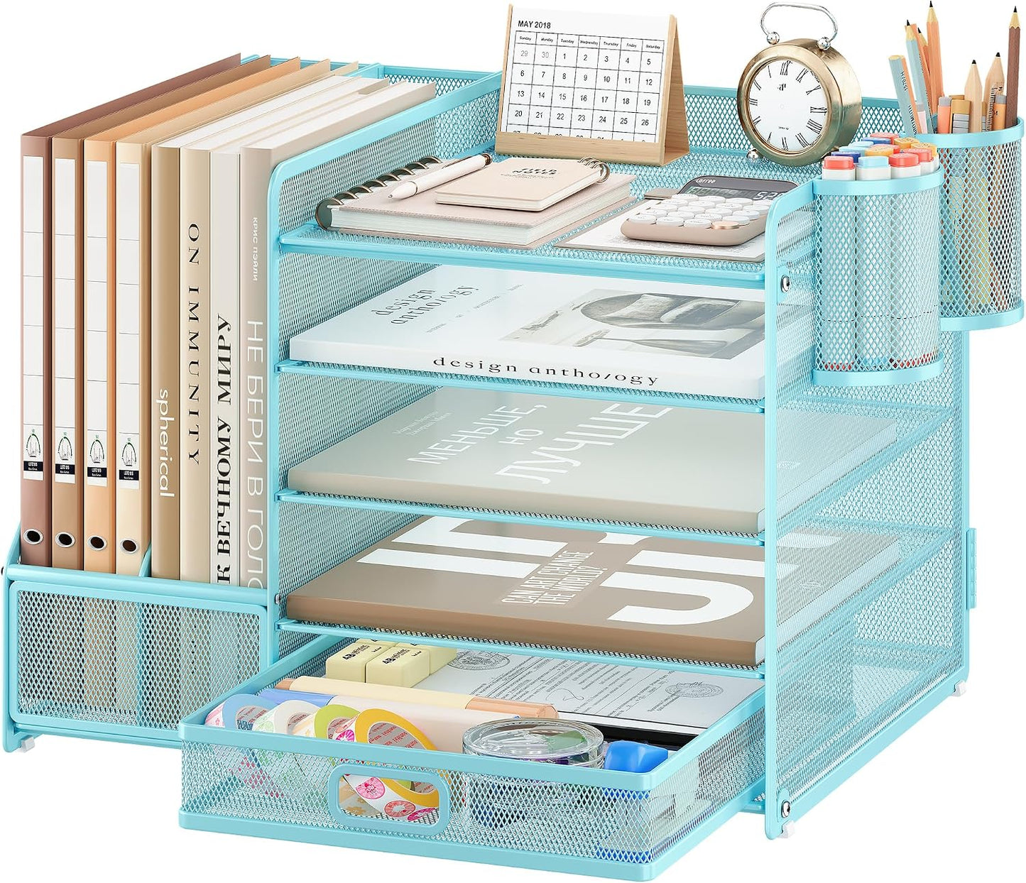 5-Tier Desk Organiser with File Holder, Paper Trays & Drawer- Grey