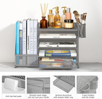 5-Tier Desk Organiser with File Holder, Paper Trays & Drawer- Grey