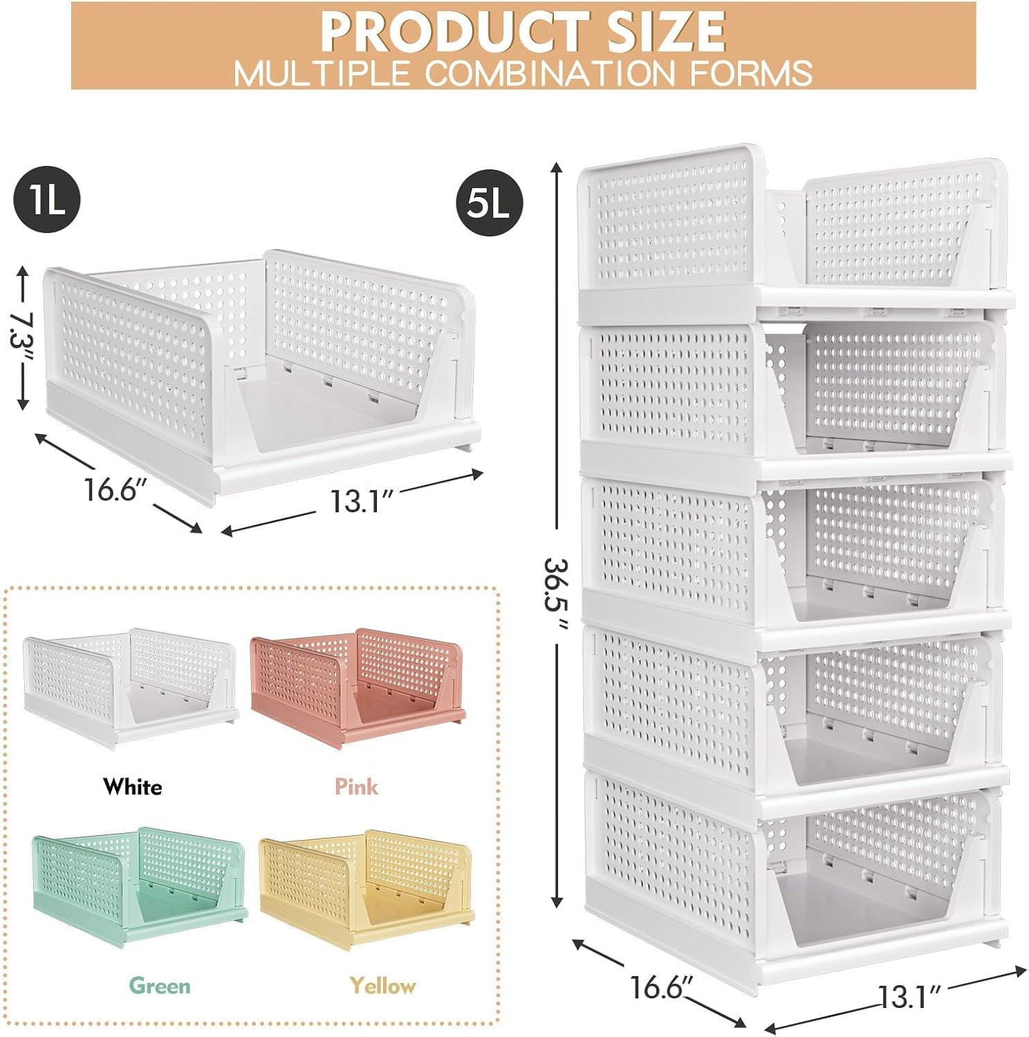 Pack of 5 Foldable Closet Storage Containers, Stackable Plastic Closet and Drawer Organiser, Storage Containers for Closet, Kitchen, Bathroom, White