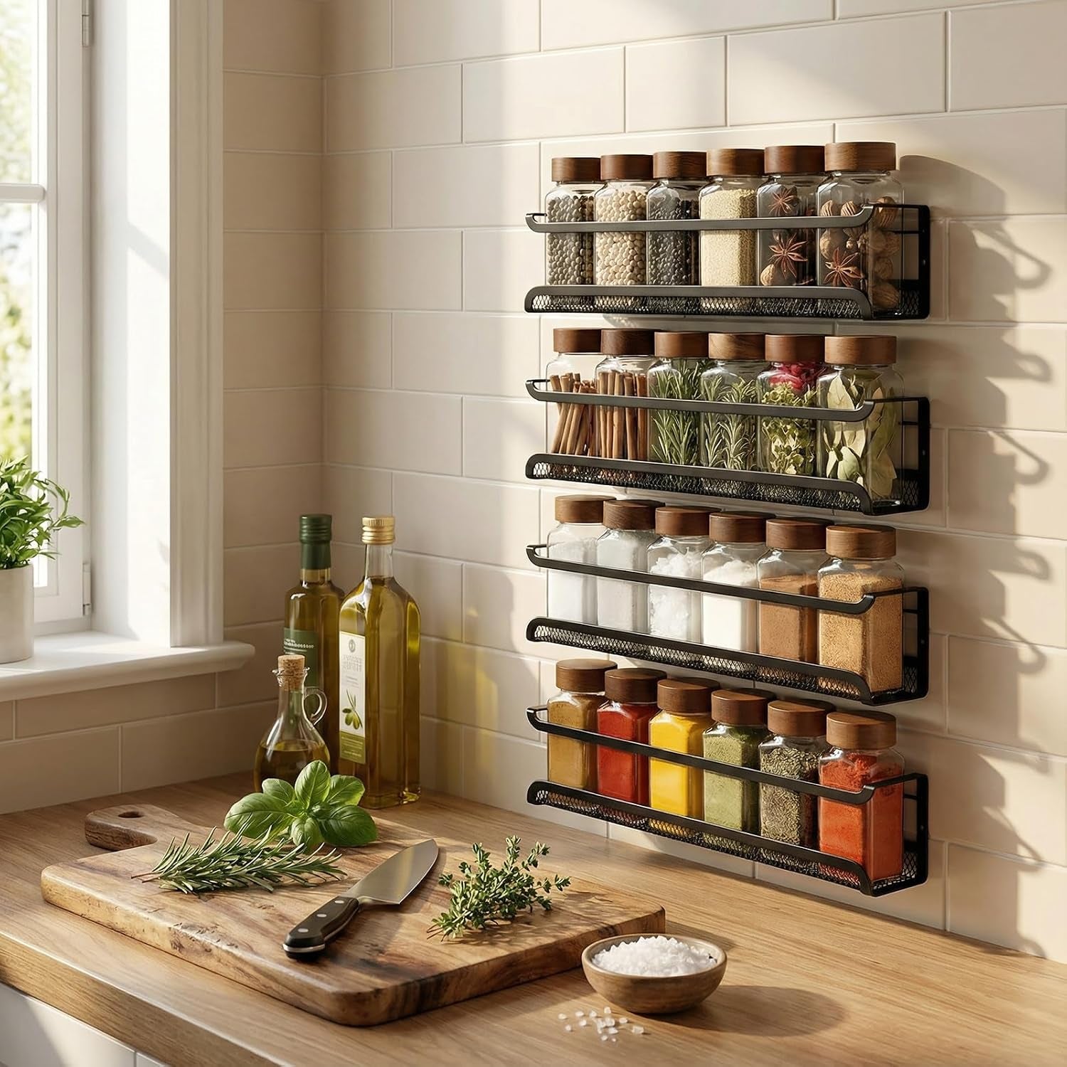 Spice Rack Organiser - 4 Tier Kitchen Wall Mounted Storage Shelves for Spice Jars and Seasoning, Adhesive Hanging Cupboard Door Organizers for Pantry, Black Metal Shelf for Spices & Condiments