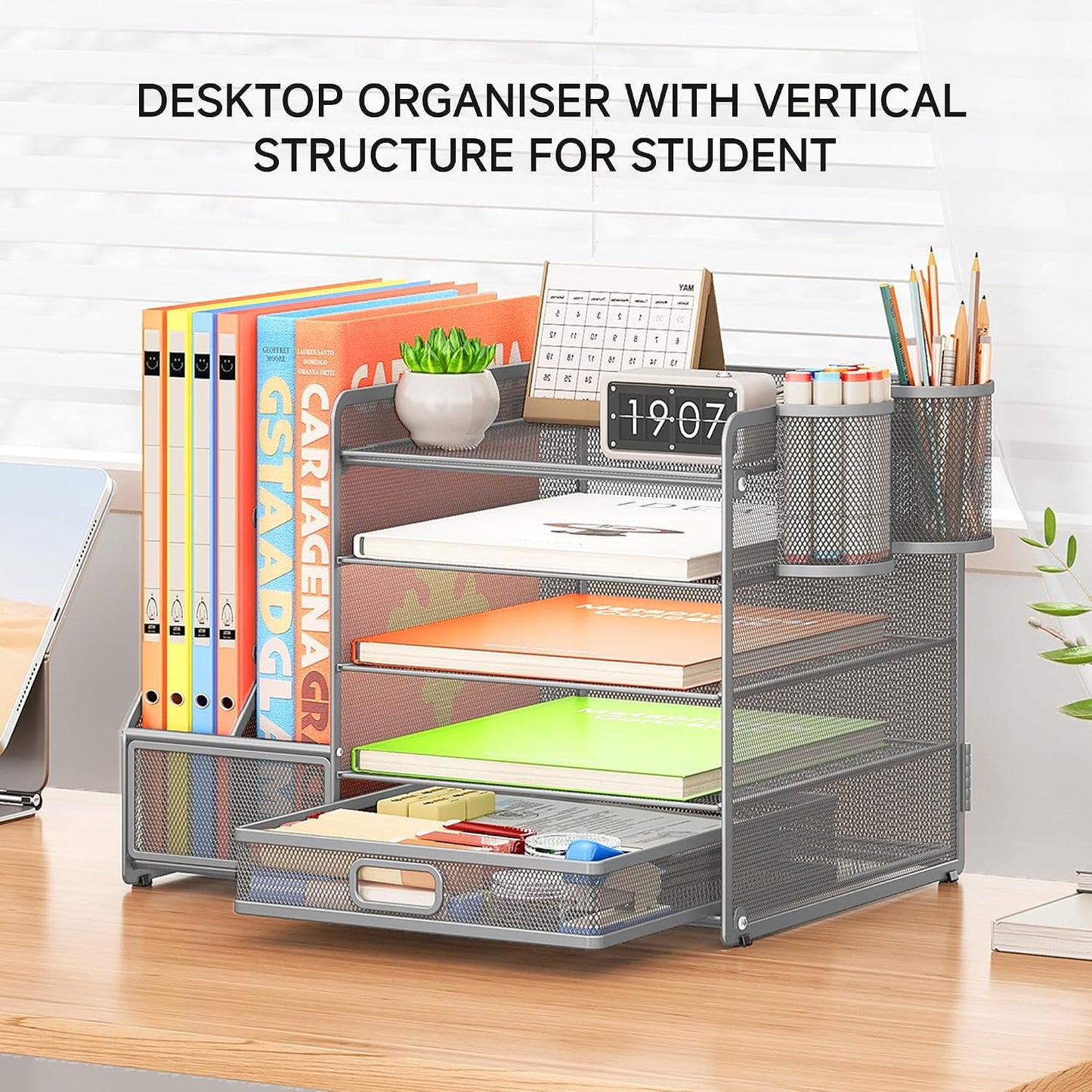 5-Tier Desk Organiser with File Holder, Paper Trays & Drawer- Grey
