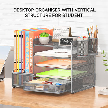 5-Tier Desk Organiser with File Holder, Paper Trays & Drawer- Grey