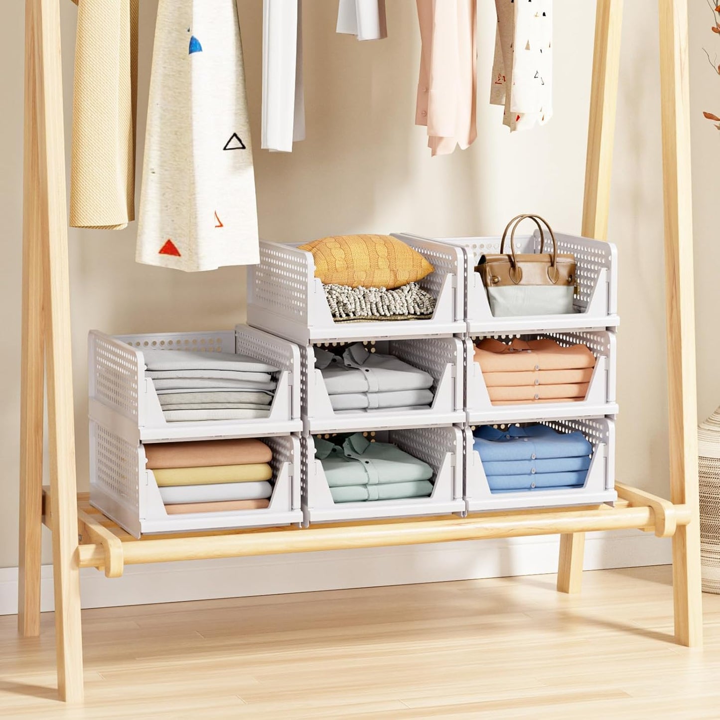 Pack of 5 Foldable Closet Storage Containers, Stackable Plastic Closet and Drawer Organiser, Storage Containers for Closet, Kitchen, Bathroom, White