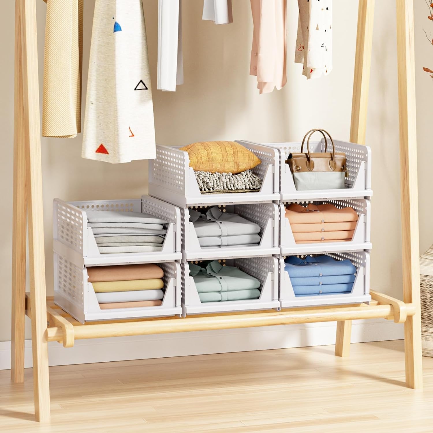 Pack of 5 Foldable Closet Storage Containers, Stackable Plastic Closet and Drawer Organiser, Storage Containers for Closet, Kitchen, Bathroom, White