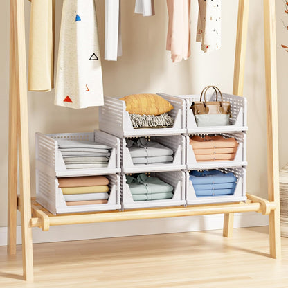 Pack of 5 Foldable Closet Storage Containers, Stackable Plastic Closet and Drawer Organiser, Storage Containers for Closet, Kitchen, Bathroom, White
