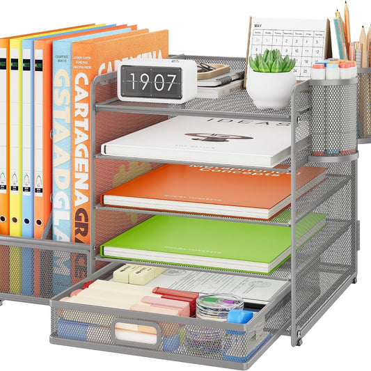 5-Tier Desk Organiser with File Holder, Paper Trays & Drawer- Grey