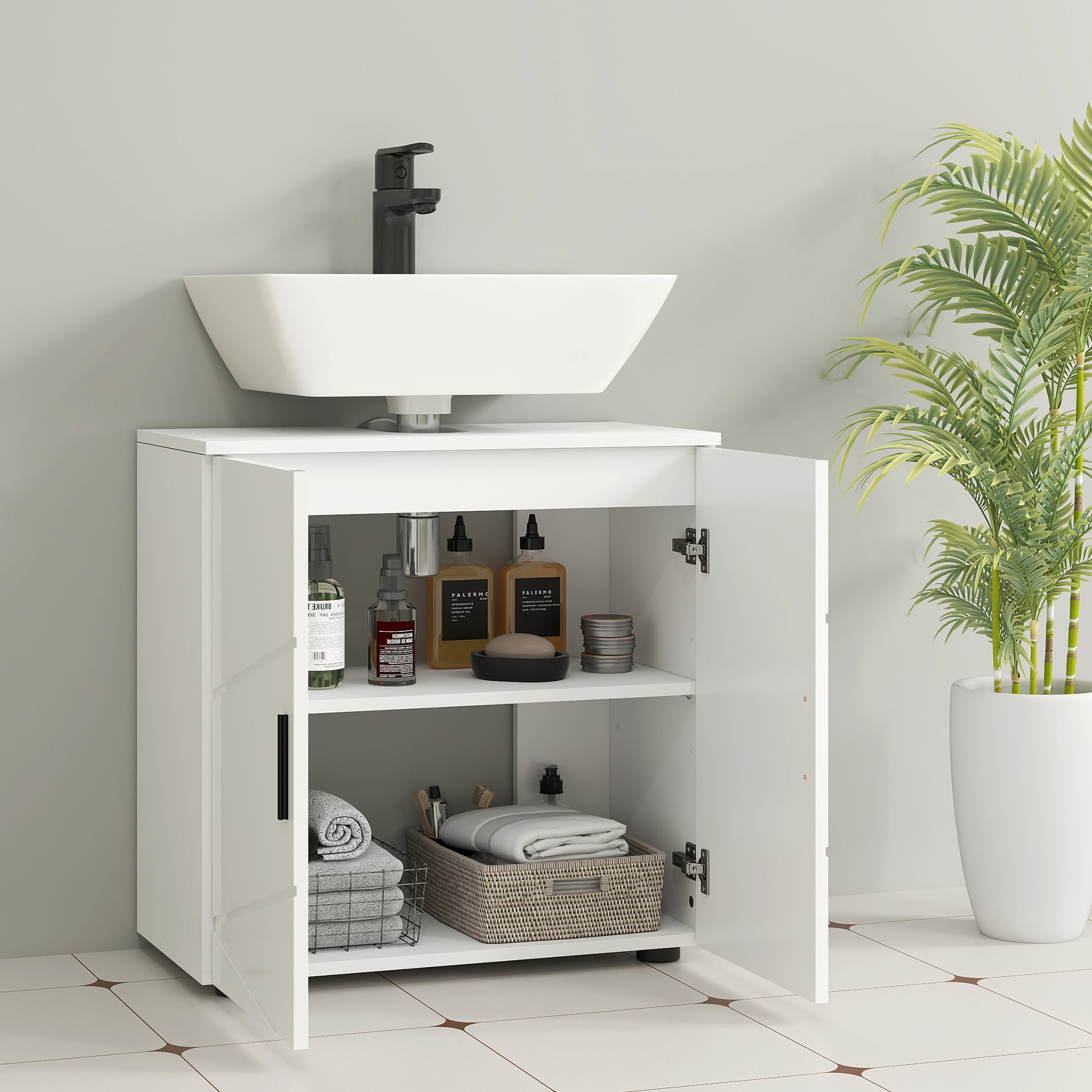 Pedestal Sink Cabinet with Double Doors and Shelf, 60 X 30 X 60 Cm, Light Grey