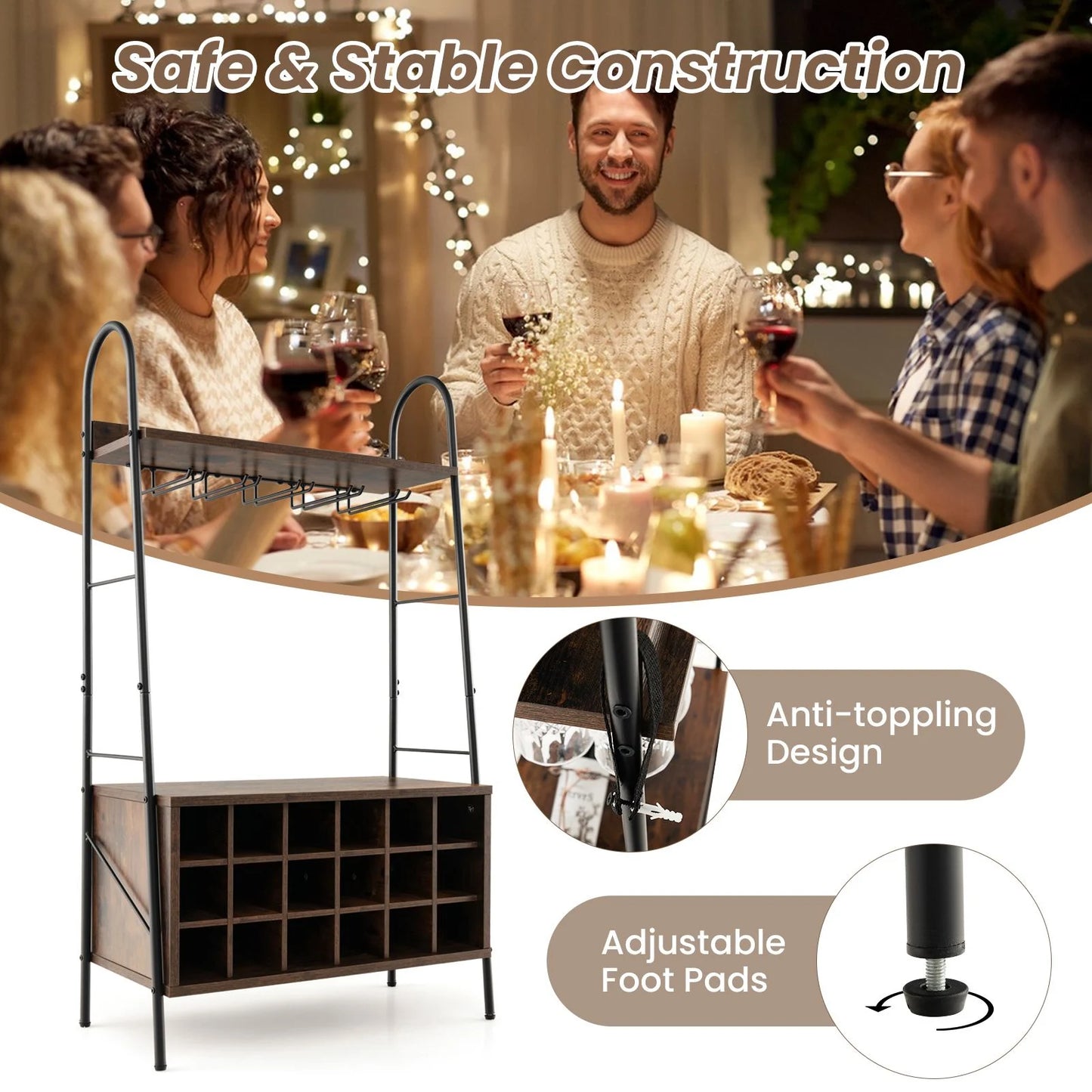 Baker’S Rack with Detachable Wine Rack and 5 Rows of Stemware Holder