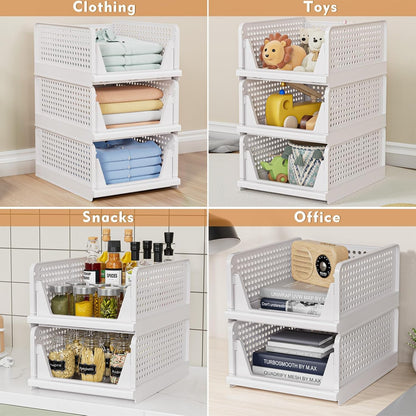 Pack of 5 Foldable Closet Storage Containers, Stackable Plastic Closet and Drawer Organiser, Storage Containers for Closet, Kitchen, Bathroom, White