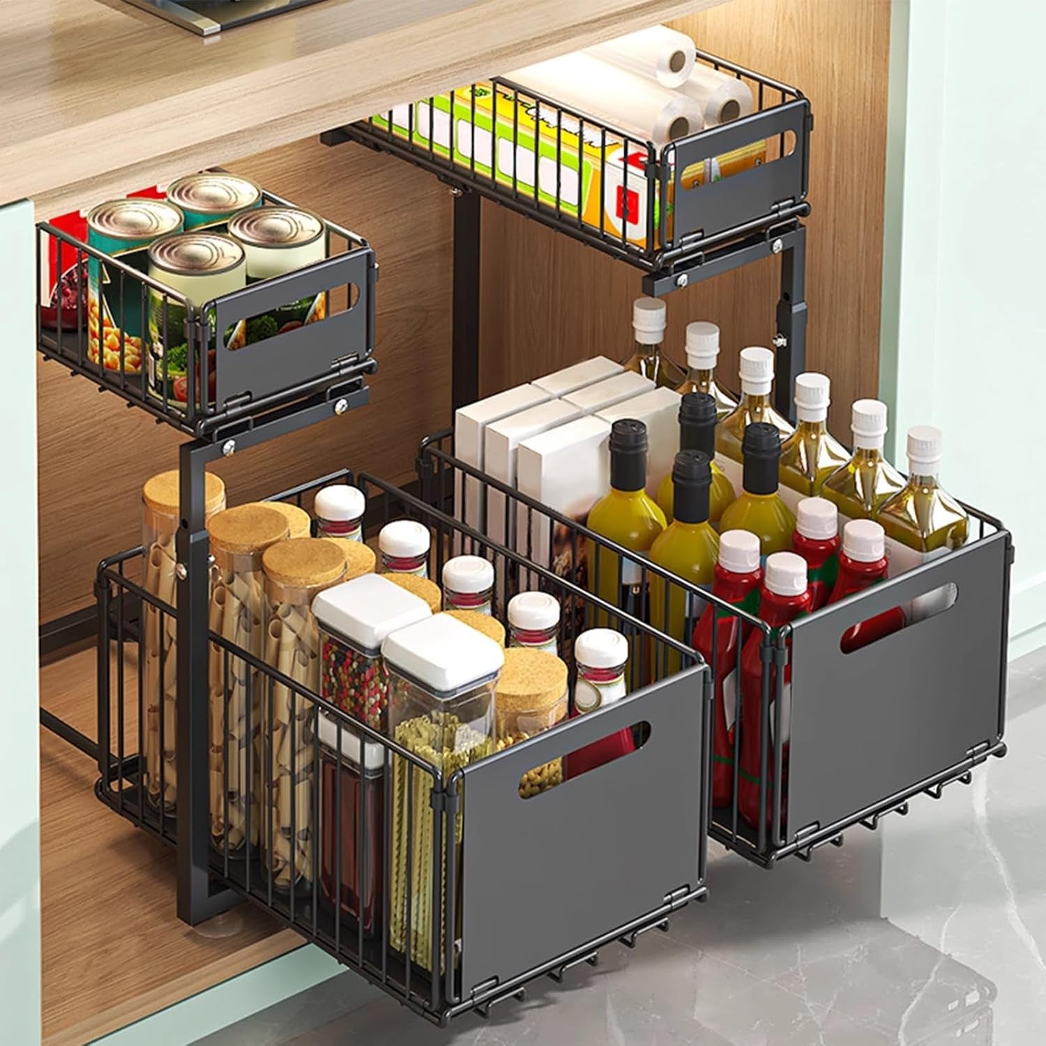 Adjustable 2-Tier Under Sink Storage Organiser with Sliding Drawers