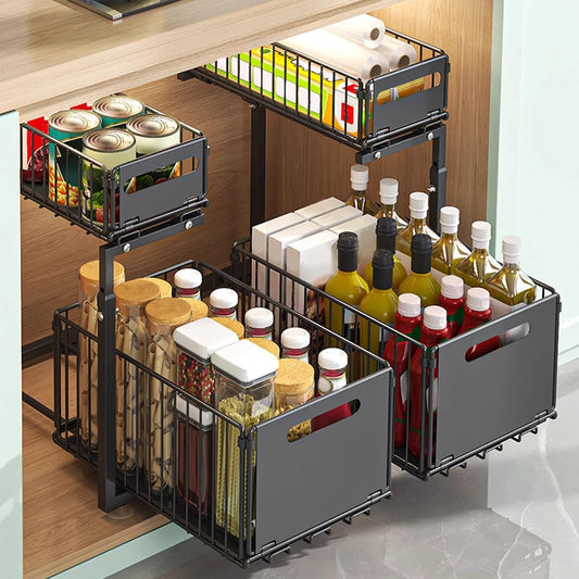 Adjustable 2-Tier Under Sink Storage Organiser with Sliding Drawers