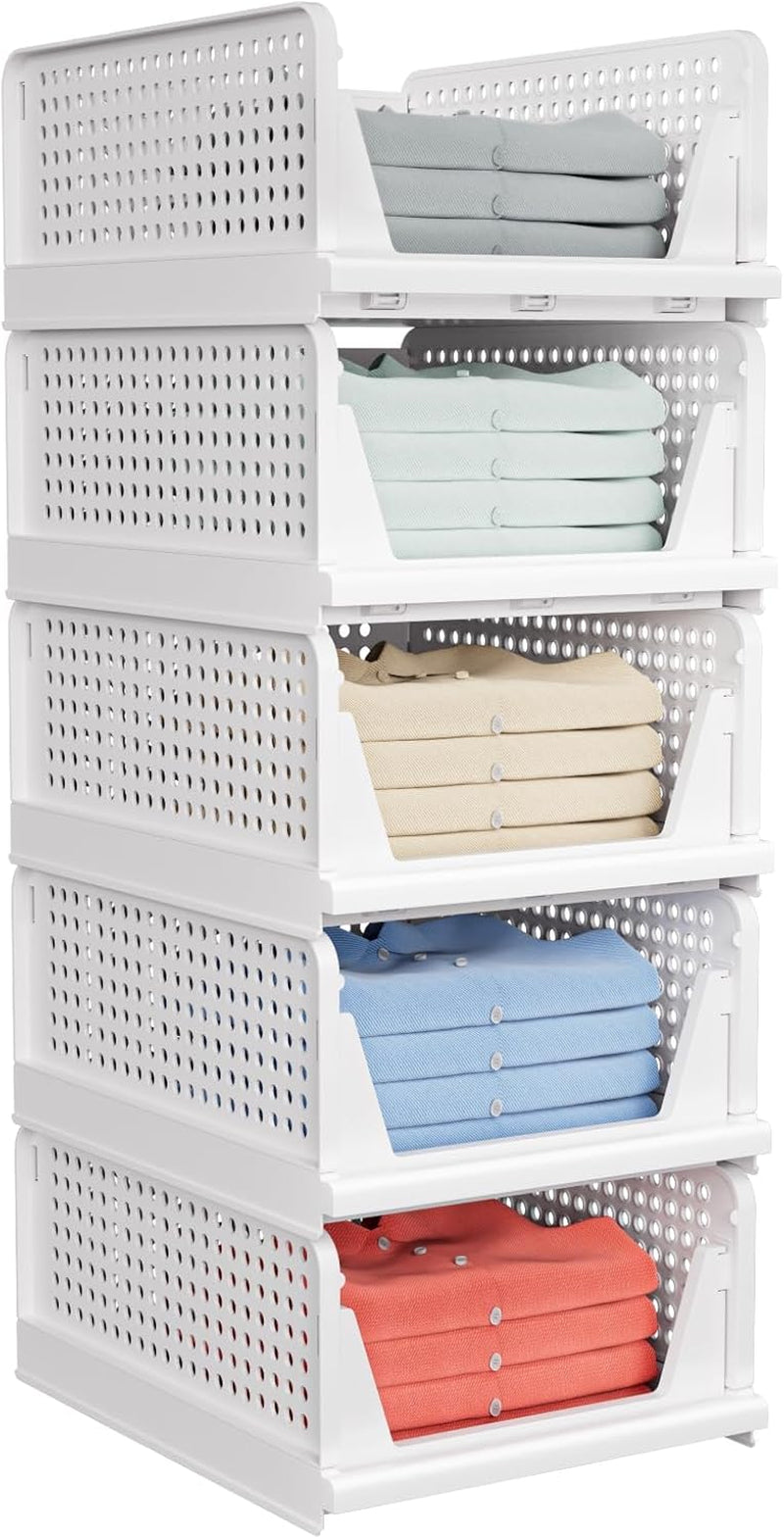 Pack of 5 Foldable Closet Storage Containers, Stackable Plastic Closet and Drawer Organiser, Storage Containers for Closet, Kitchen, Bathroom, White