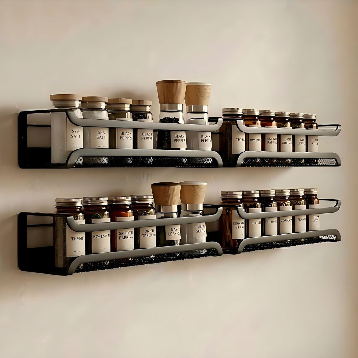 Spice Rack Organiser - 4 Tier Kitchen Wall Mounted Storage Shelves for Spice Jars and Seasoning, Adhesive Hanging Cupboard Door Organizers for Pantry, Black Metal Shelf for Spices & Condiments