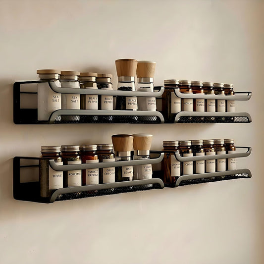 Spice Rack Organiser - 4 Tier Kitchen Wall Mounted Storage Shelves for Spice Jars and Seasoning, Adhesive Hanging Cupboard Door Organizers for Pantry, Black Metal Shelf for Spices & Condiments