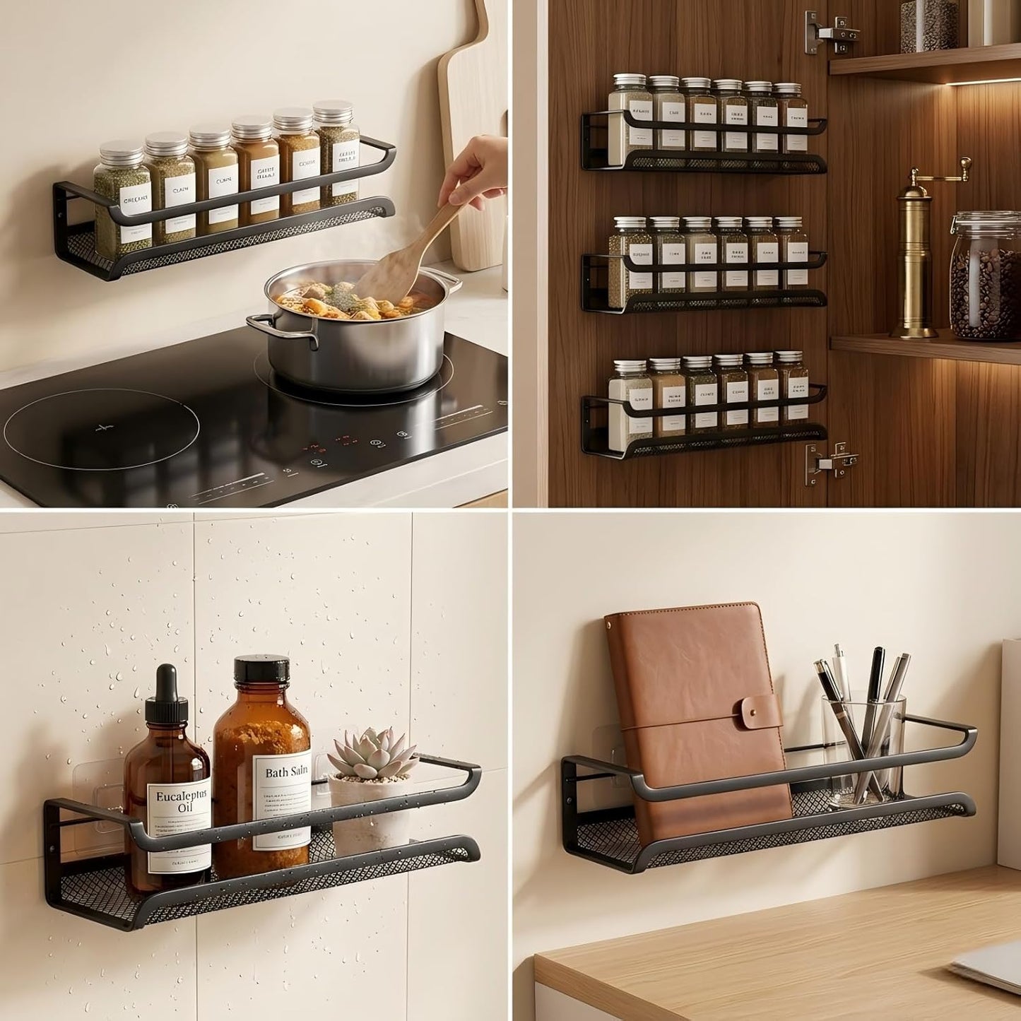 Spice Rack Organiser - 4 Tier Kitchen Wall Mounted Storage Shelves for Spice Jars and Seasoning, Adhesive Hanging Cupboard Door Organizers for Pantry, Black Metal Shelf for Spices & Condiments