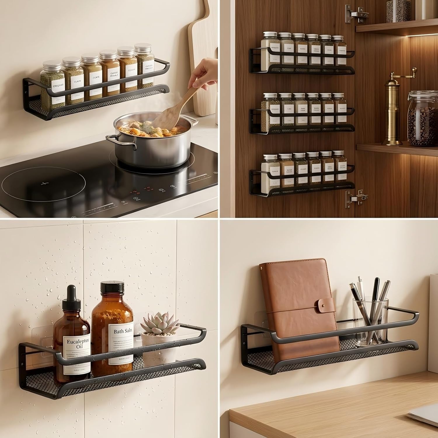 Spice Rack Organiser - 4 Tier Kitchen Wall Mounted Storage Shelves for Spice Jars and Seasoning, Adhesive Hanging Cupboard Door Organizers for Pantry, Black Metal Shelf for Spices & Condiments
