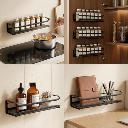 Spice Rack Organiser - 4 Tier Kitchen Wall Mounted Storage Shelves for Spice Jars and Seasoning, Adhesive Hanging Cupboard Door Organizers for Pantry, Black Metal Shelf for Spices & Condiments
