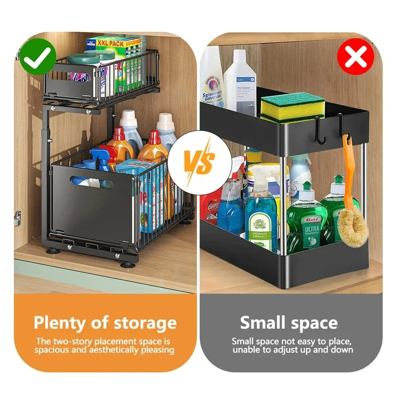 2 Tier Adjustable Pull Out under Sink Organizer Slide Drawer Kitchen Spice Jar Storage Rack Cabinet Shelf