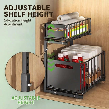 Adjustable 2-Tier Under Sink Storage Organiser with Sliding Drawers