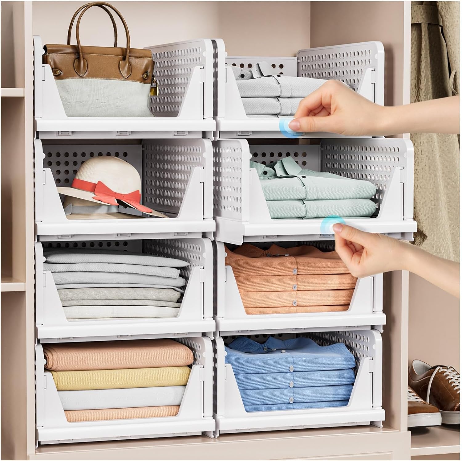 Pack of 5 Foldable Closet Storage Containers, Stackable Plastic Closet and Drawer Organiser, Storage Containers for Closet, Kitchen, Bathroom, White