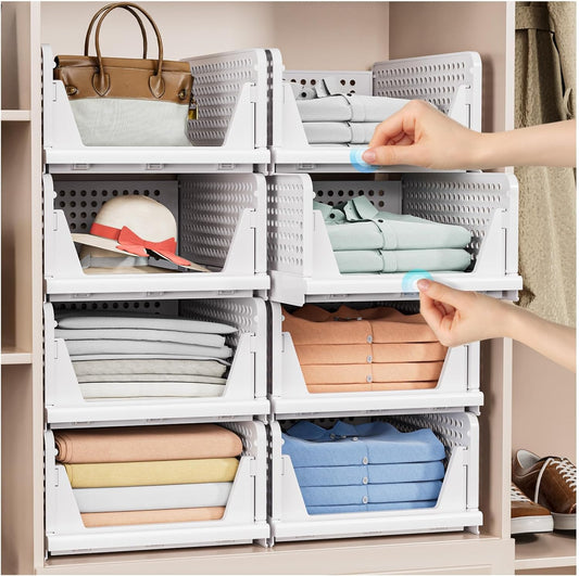 Pack of 5 Foldable Closet Storage Containers, Stackable Plastic Closet and Drawer Organiser, Storage Containers for Closet, Kitchen, Bathroom, White