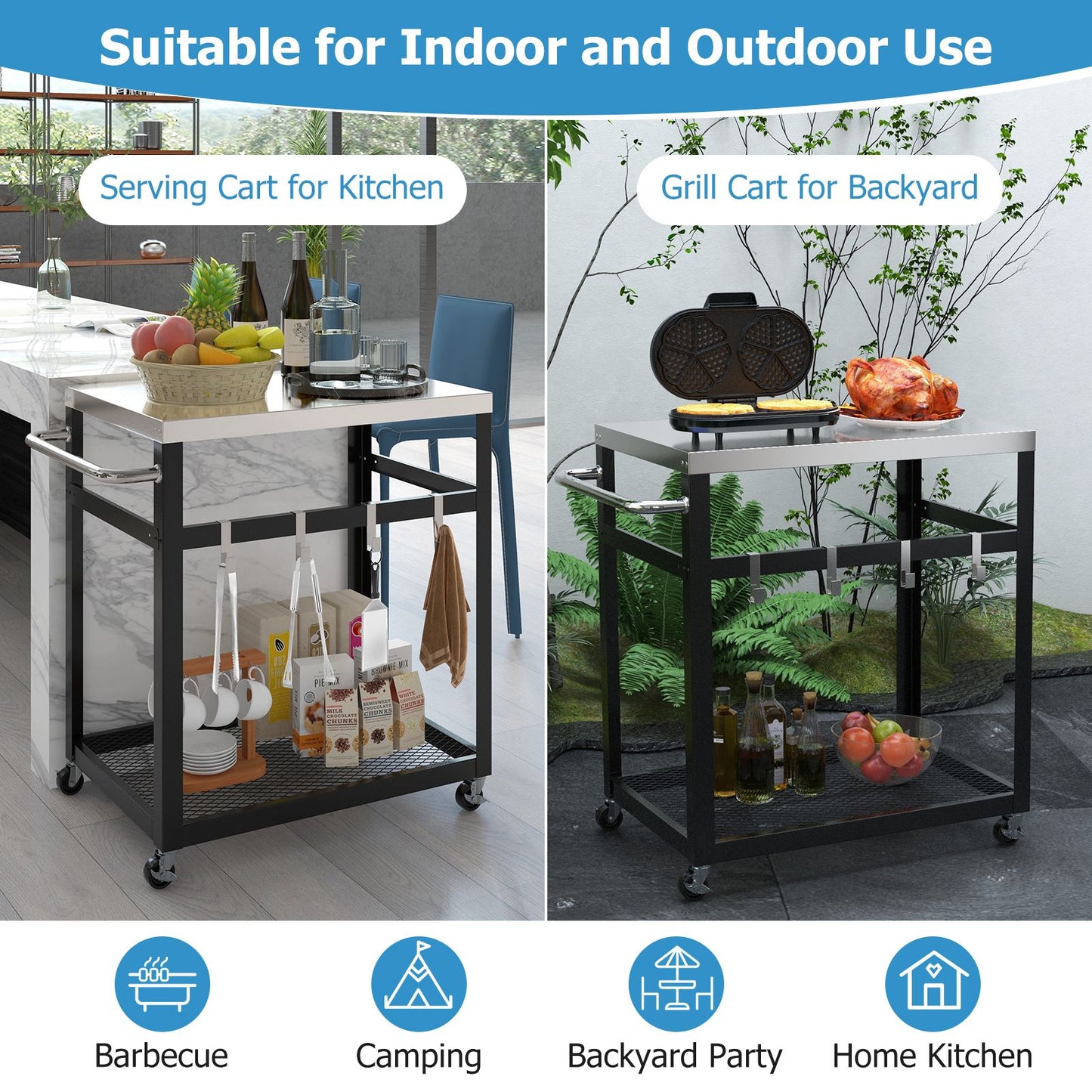 2-Tier Stainless Steel Grill Cart with Wheels and Handle