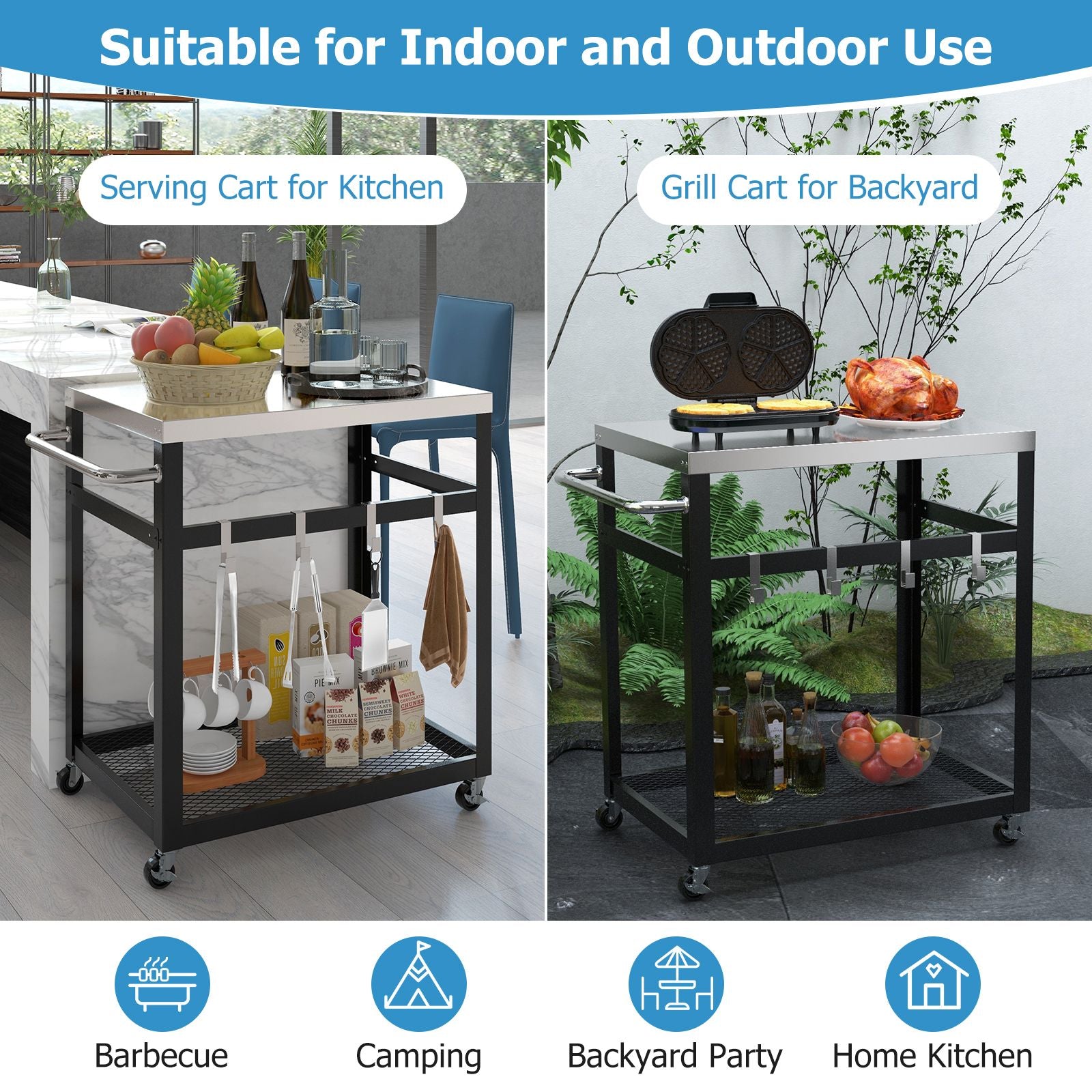 2-Tier Stainless Steel Grill Cart with Wheels and Handle