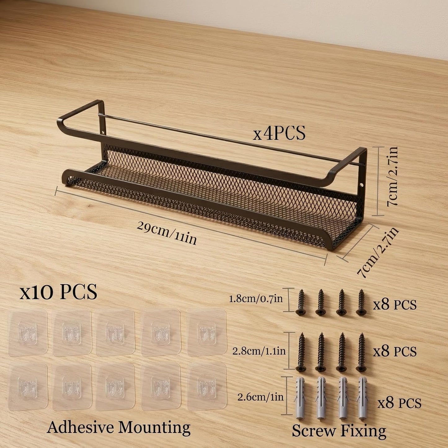 Spice Rack Organiser - 4 Tier Kitchen Wall Mounted Storage Shelves for Spice Jars and Seasoning, Adhesive Hanging Cupboard Door Organizers for Pantry, Black Metal Shelf for Spices & Condiments