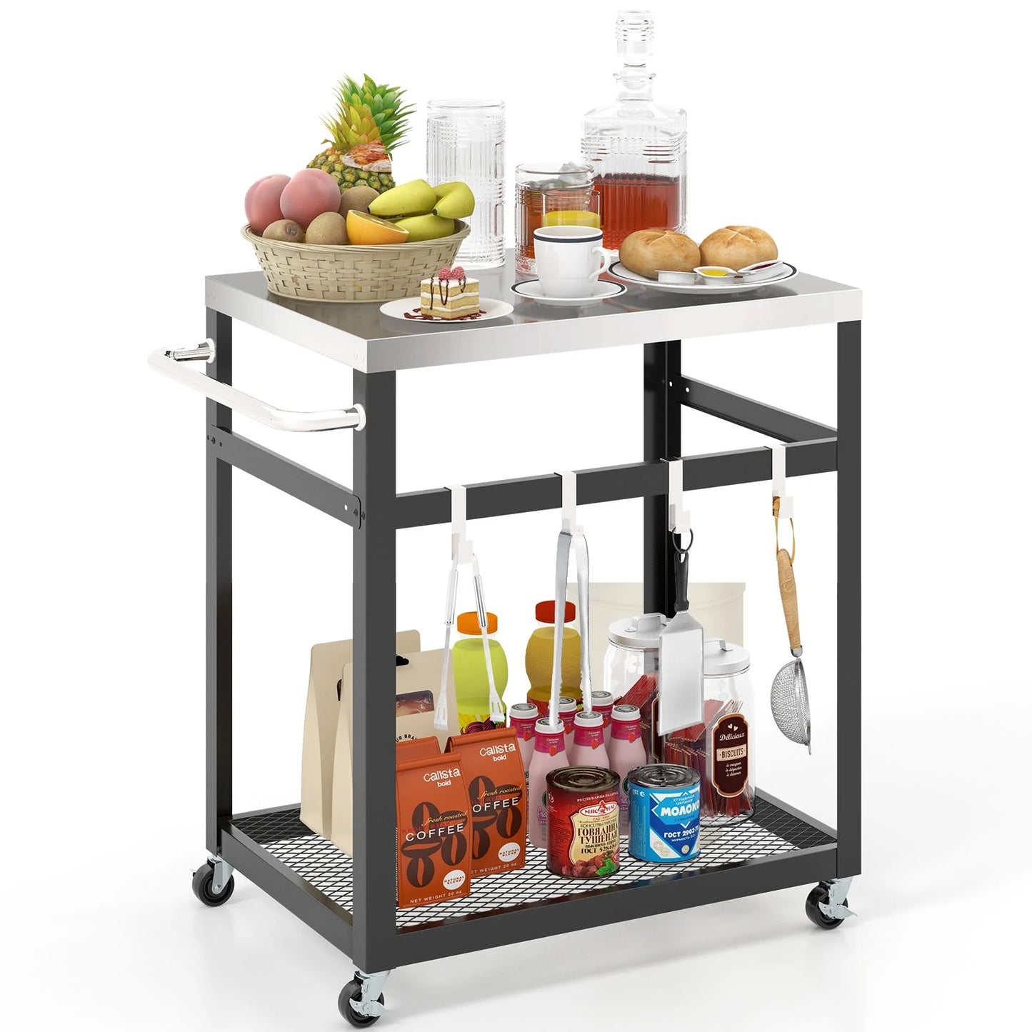 2-Tier Stainless Steel Grill Cart with Wheels and Handle
