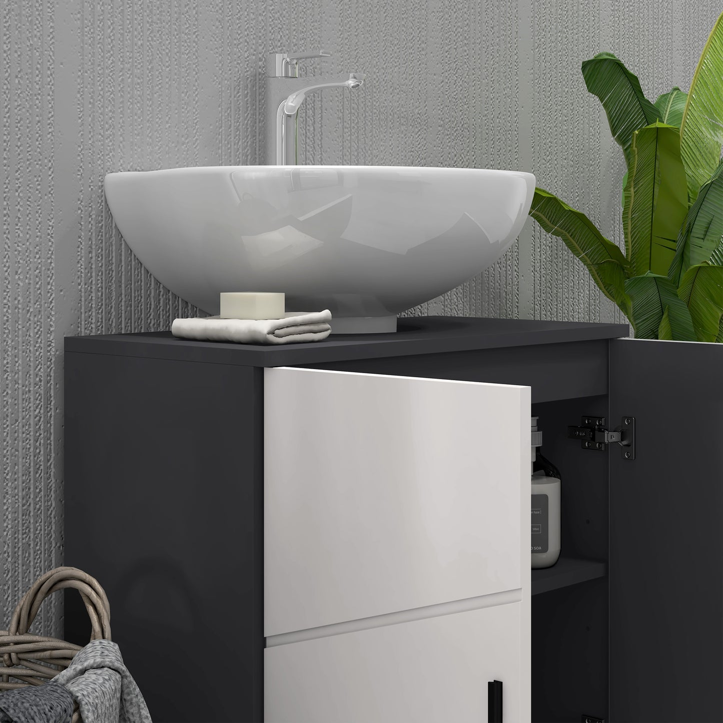 Pedestal Sink Cabinet with Double Doors and Shelf, 60 X 30 X 60 Cm, Light Grey