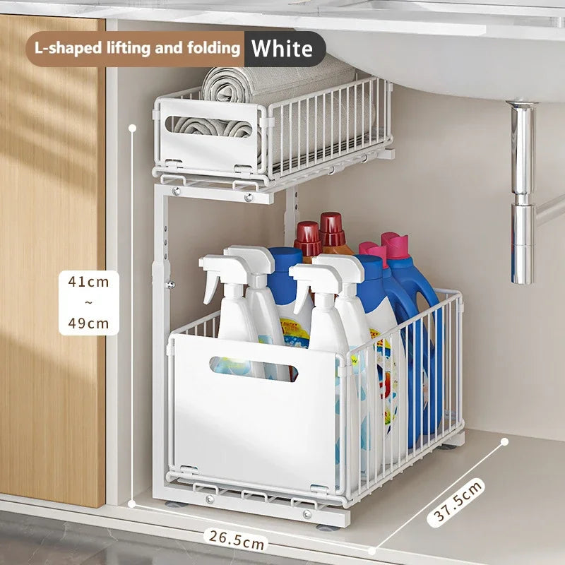 2 Tier Adjustable Pull Out under Sink Organizer Slide Drawer Kitchen Spice Jar Storage Rack Cabinet Shelf