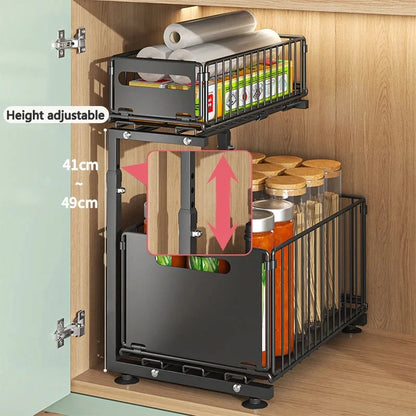 2 Tier Adjustable Pull Out under Sink Organizer Slide Drawer Kitchen Spice Jar Storage Rack Cabinet Shelf