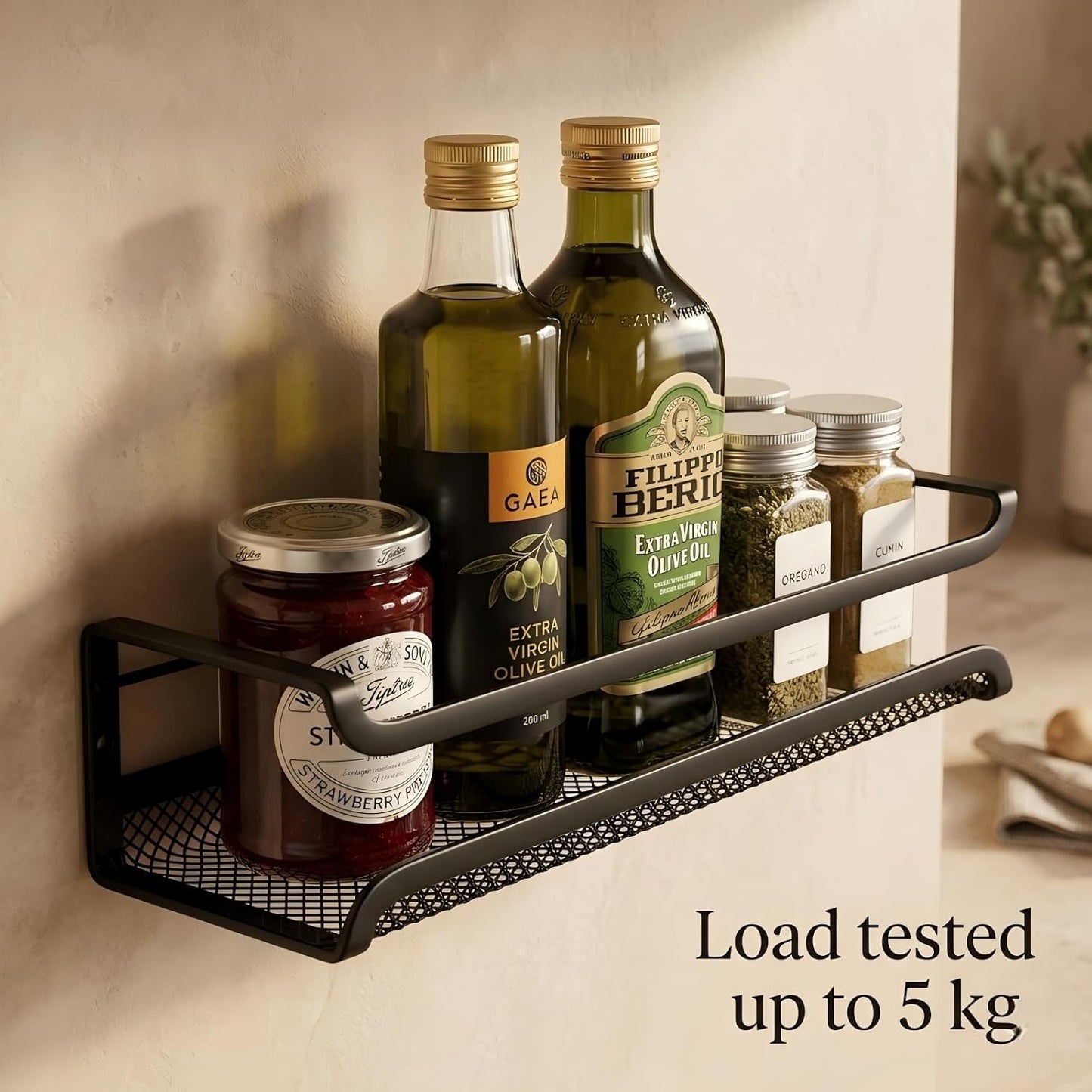 Spice Rack Organiser - 4 Tier Kitchen Wall Mounted Storage Shelves for Spice Jars and Seasoning, Adhesive Hanging Cupboard Door Organizers for Pantry, Black Metal Shelf for Spices & Condiments
