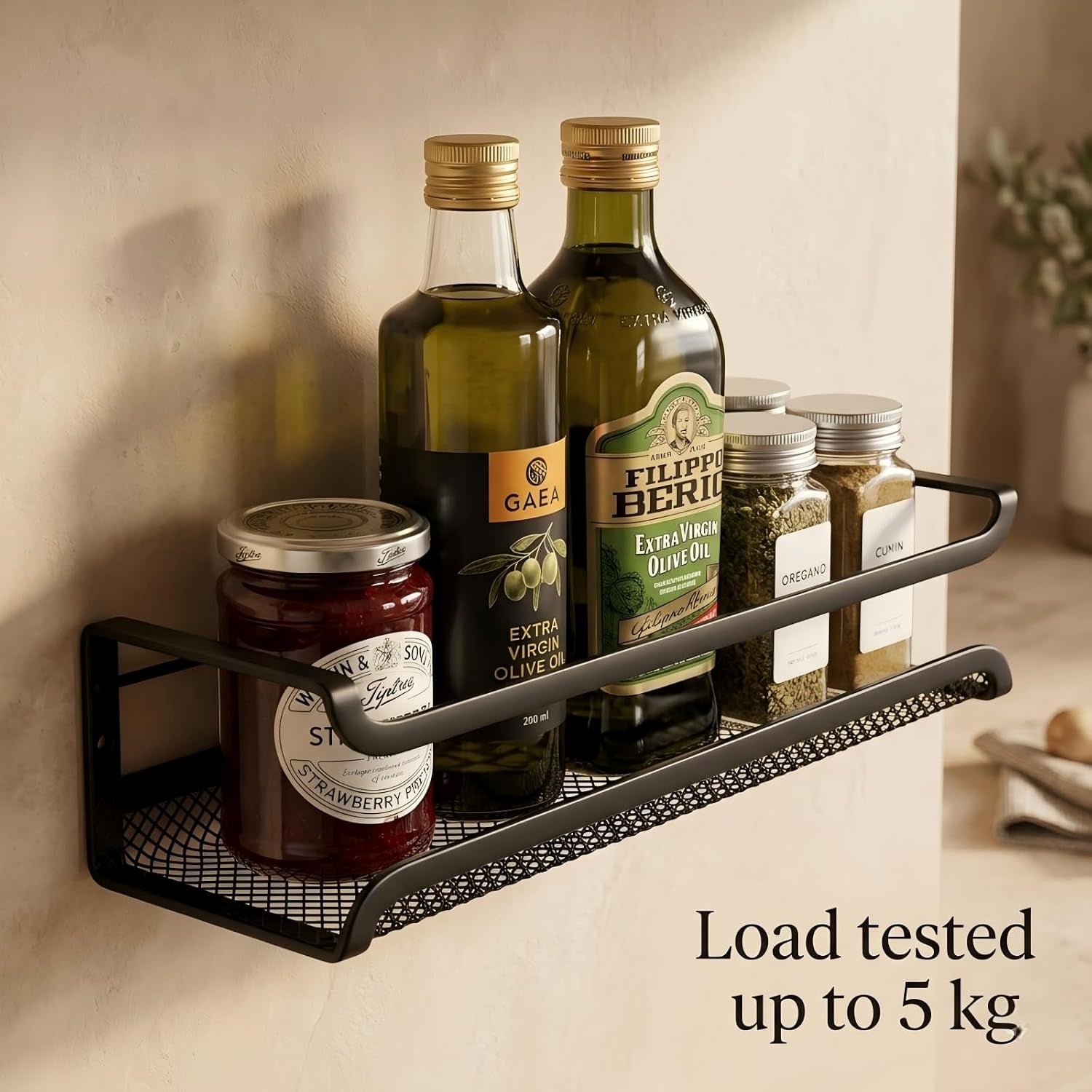Spice Rack Organiser - 4 Tier Kitchen Wall Mounted Storage Shelves for Spice Jars and Seasoning, Adhesive Hanging Cupboard Door Organizers for Pantry, Black Metal Shelf for Spices & Condiments