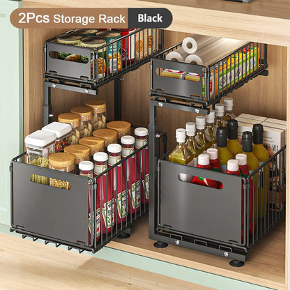2 Tier Adjustable Pull Out under Sink Organizer Slide Drawer Kitchen Spice Jar Storage Rack Cabinet Shelf