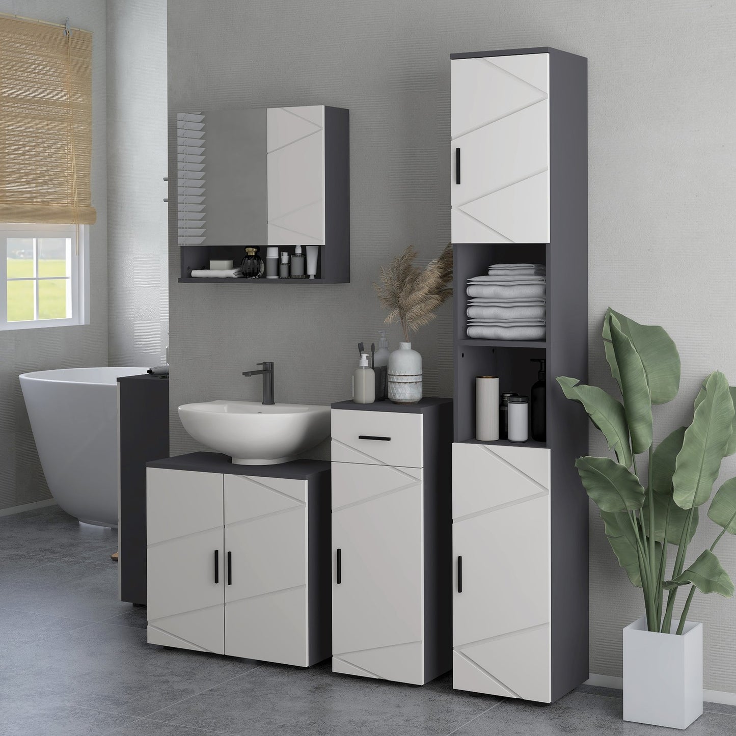 Pedestal Sink Cabinet with Double Doors and Shelf, 60 X 30 X 60 Cm, Light Grey