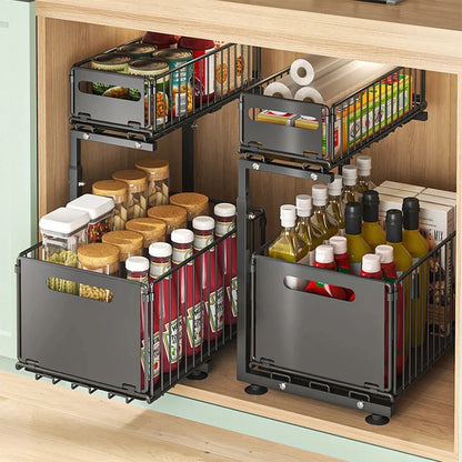 2 Tier Adjustable Pull Out under Sink Organizer Slide Drawer Kitchen Spice Jar Storage Rack Cabinet Shelf