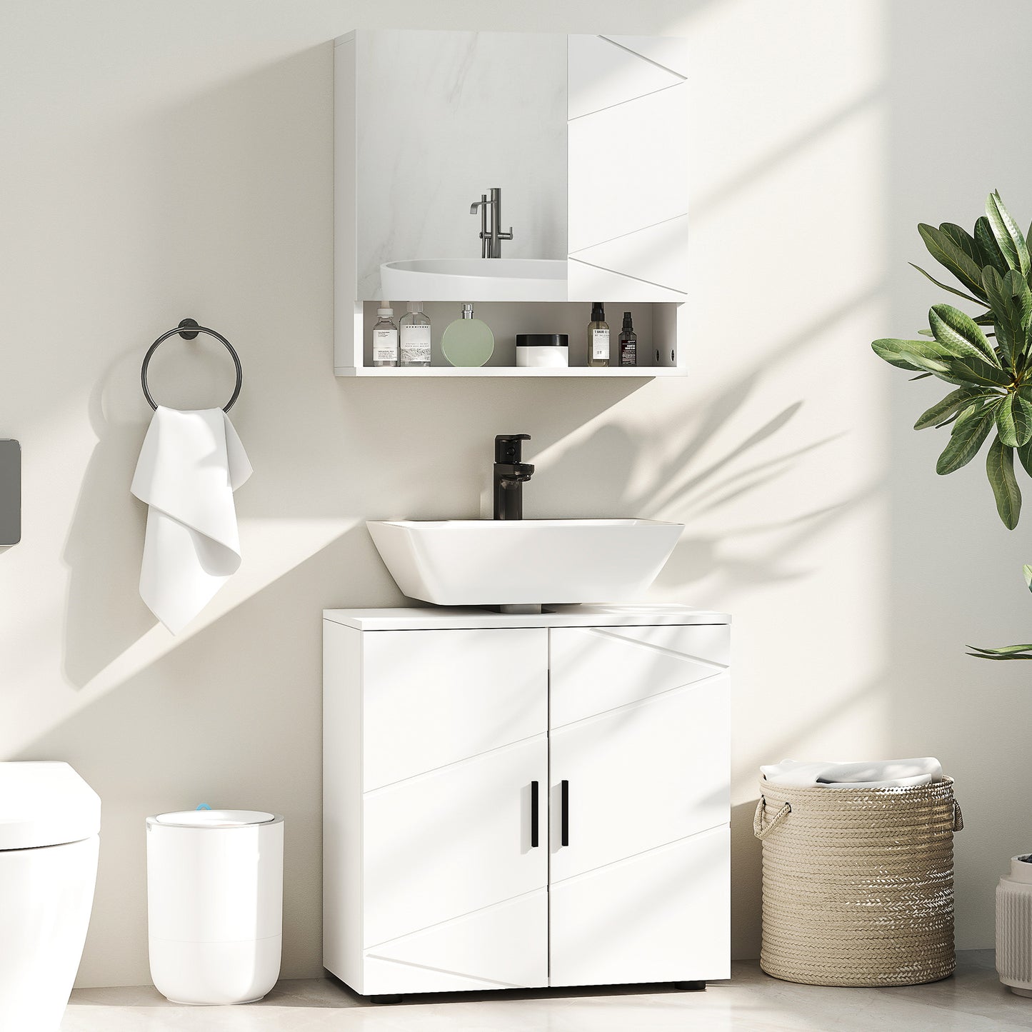 Pedestal Sink Cabinet with Double Doors and Shelf, 60 X 30 X 60 Cm, Light Grey