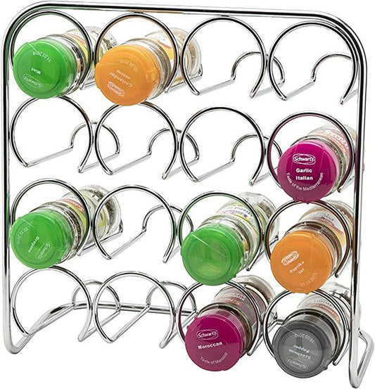 4 Tier Square Chrome Free-Standing Herb Spice 16 Jar Kitchen Storage Rack UK
