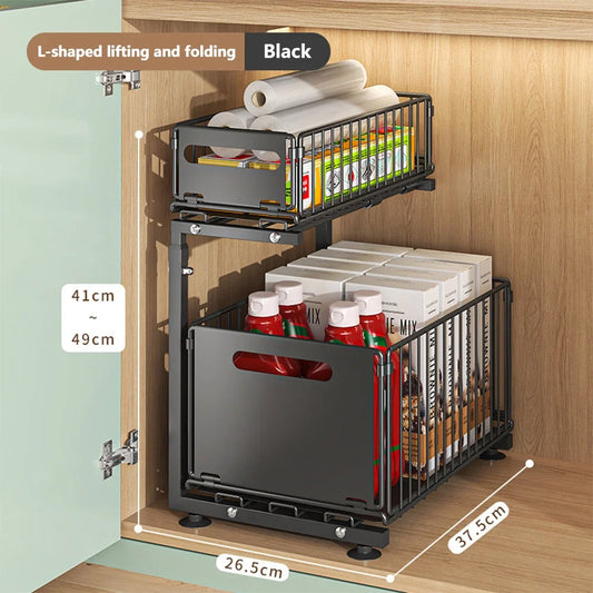 2 Tier Adjustable Pull Out under Sink Organizer Slide Drawer Kitchen Spice Jar Storage Rack Cabinet Shelf