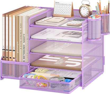 5-Tier Desk Organiser with File Holder, Paper Trays & Drawer- Grey