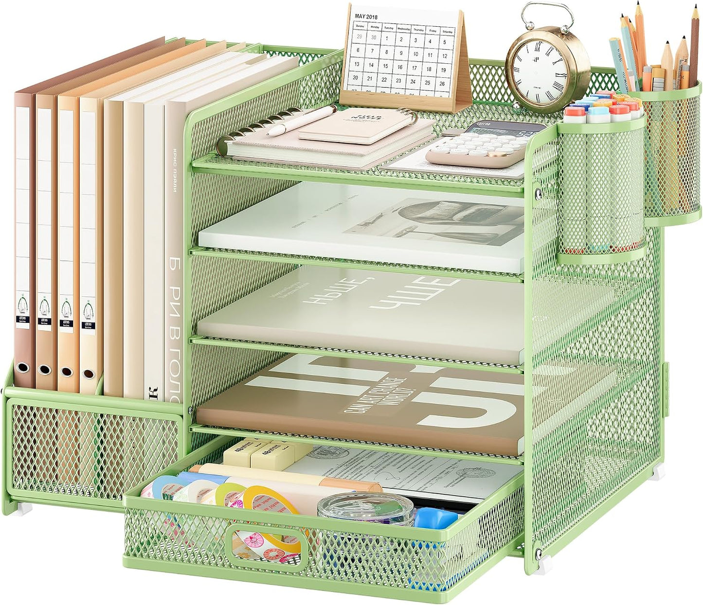 5-Tier Desk Organiser with File Holder, Paper Trays & Drawer- Grey
