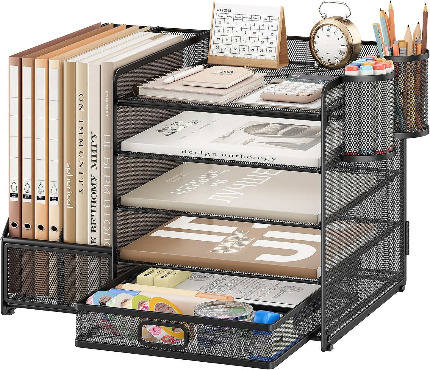 5-Tier Desk Organiser with File Holder, Paper Trays & Drawer- Grey