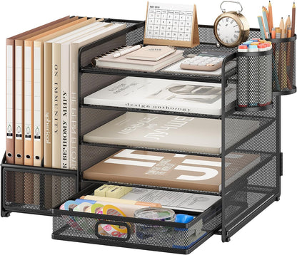 5-Tier Desk Organiser with File Holder, Paper Trays & Drawer- Grey