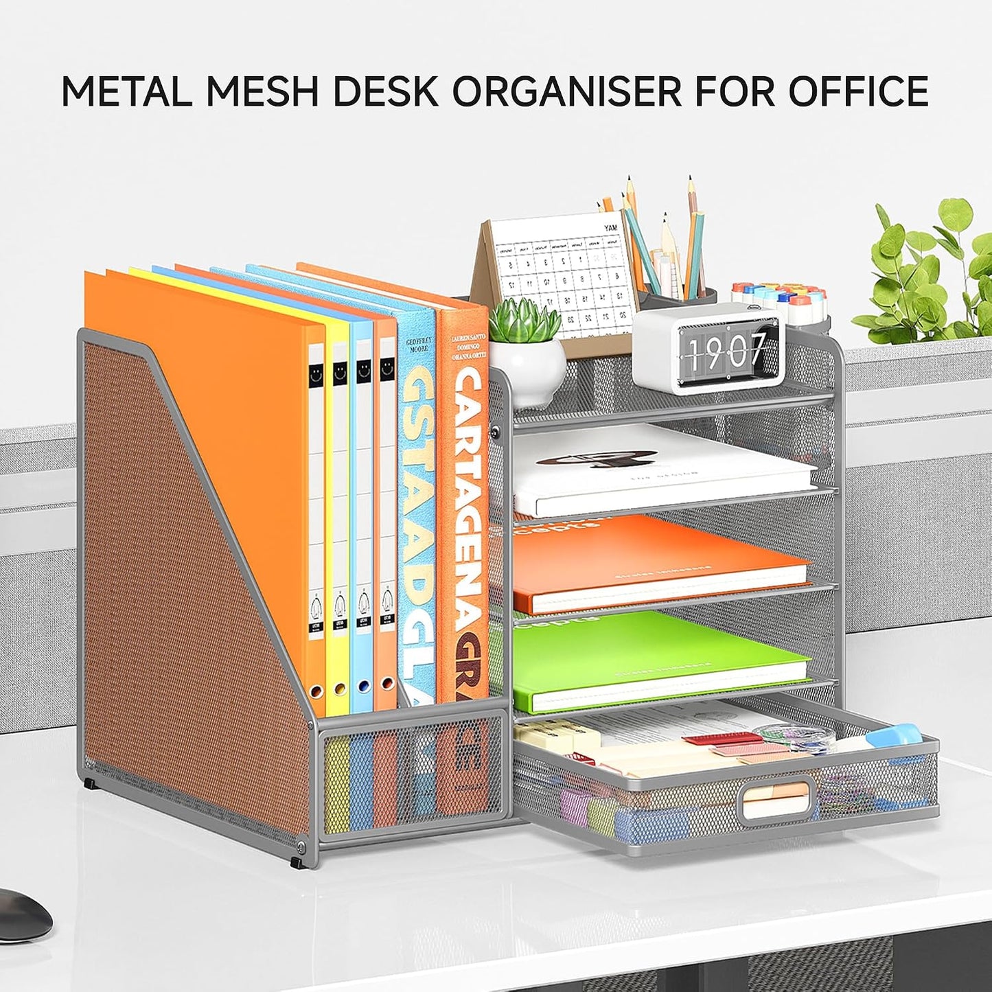 5-Tier Desk Organiser with File Holder, Paper Trays & Drawer- Grey
