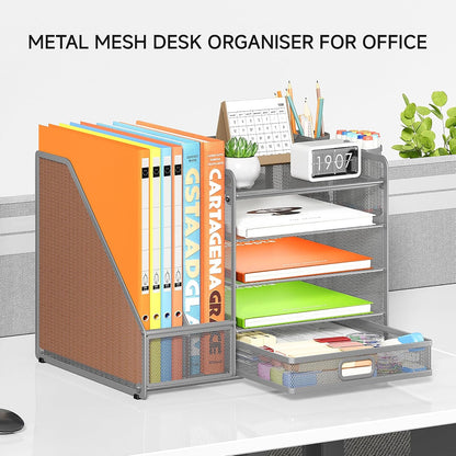 5-Tier Desk Organiser with File Holder, Paper Trays & Drawer- Grey