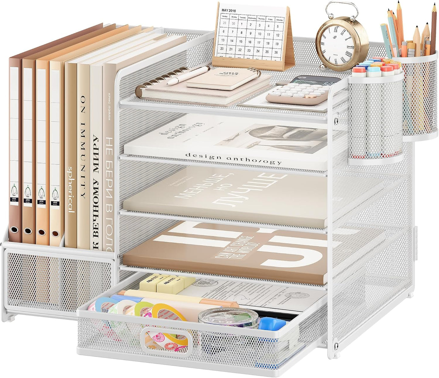 5-Tier Desk Organiser with File Holder, Paper Trays & Drawer- Grey