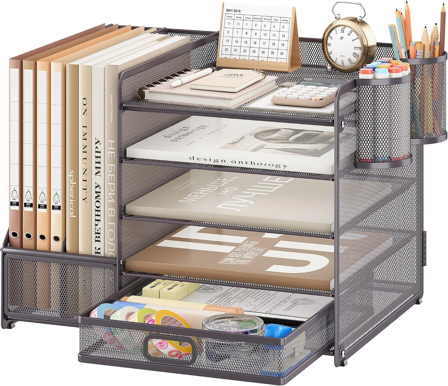 5-Tier Desk Organiser with File Holder, Paper Trays & Drawer- Grey