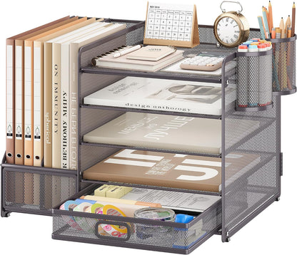 5-Tier Desk Organiser with File Holder, Paper Trays & Drawer- Grey